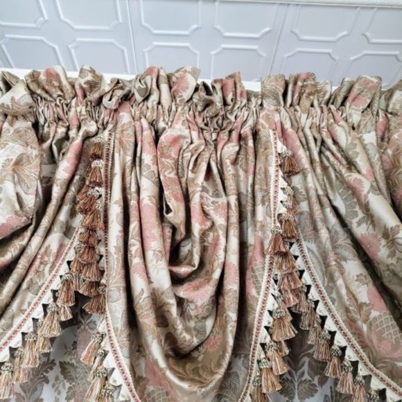 JC Penney Drapes Waterfall Valances 100Wx85L Tan Floral Jacquard Lined Vtg 7pcs - Picture 9 of 13